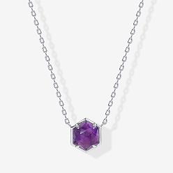 Темно-Фиолетовый Латунные паве натуральный аметист шестиугольные подвески ожерелья для женщин, серебряный цвет гальваническим, темно-фиолетовый, 15.75 дюйм (40 см)