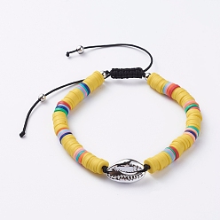 Yellow Handmade Polymer Clay Braided Beads Bracelets, with Electroplated Cowrie Shell Beads, Brass Beads and Nylon Thread, Yellow, 2-3/8 inch~3-1/8 inch(6.1~8cm)