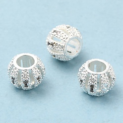 Silver Rack Plating Brass Cubic Zirconia Beads, Cadmium Free & Lead Free, Long-Lasting Plated, Grooved Hollow Rondelle, Silver Color Plated, 8x6mm, Hole: 3.5mm