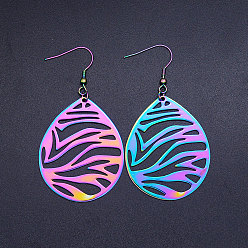 Rainbow Color 201 Stainless Steel Dangle Earrings, Teardrop, Rainbow Color, 69x36mm, Pin: 0.7mm