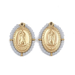 Светлый Стально-синий Синтетические светящиеся камни в оболочке 304 подвески из нержавеющей стали, овал с подвесками Девы Марии, реальный 14 k позолоченный, светло-стальной синий, 25.5x19x2.5 мм, отверстие : 1.5 мм