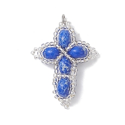 Синий Окрашенная синтетическая императорская яшма с подвесками из стеклянных бусин, подвески-крестики с 304 соединительными кольцами из нержавеющей стали, цвет нержавеющей стали, синие, 37x28x8.5 мм, отверстие : 3 мм