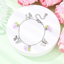 Лиловый 201 браслеты с подвесками из нержавеющей стали и стеклянными бусинами, окрашенными распылением, наборы браслетов из латунных звеньев цепей для женщин, цветок и бабочка, сирень, 5-1/4 дюйм (13.5 см)