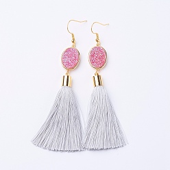 WhiteSmoke Ice Silk Thread Tassel Dangle Earrings, with Electroplated Natural Druzy Quartz Crystal and Brass Earring Hooks, Golden, WhiteSmoke, 98mm, Pin: 0.6mmg, Pendant: 80x14x7mm