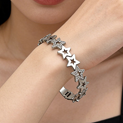Звезда Полая звезда 304 браслеты из нержавеющей стали для женщин, браслеты со стразами на шарнирах, цвет нержавеющей стали, звезда, внутренний диаметр: 1.91x2.36 дюйм (4.85x6 см)