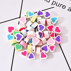 Gemischte Farbe 50 handgefertigte Polymer Clay Perlen, Herz, Gemischte Farbe, 8~9.5x9~10x5 mm, Bohrung: 2 mm