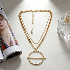 Золотой Минималистичный кулон в виде круглой планки из сплава, двухслойное ожерелье для повседневного ношения., , и повседневная одежда, золотые, 13.39 дюйм (34 см)