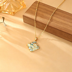 Rhombus Brass Pave Clear Cubic Zirconia Enamel Textured Pendant Necklaces for Women, Golden, Light Blue, Rhombus, 15.75 inch(40cm), Pendant: 20mm