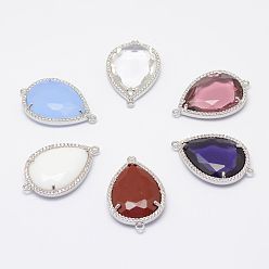 Platinum Faceted Glass Links connectors, with Brass Cubic Zirconia Finding, teardrop, Platinum, 28x18x5mm, Hole: 2mm
