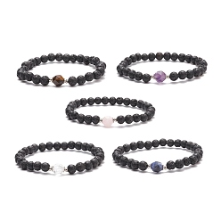 Mixed Stone Natural Gemstone & Lava Rock Beaded Stretch Bracelet for Women, Inner Diameter: 2-3/8 inch(6cm)