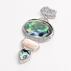 Paua Shell Paua Shell & White Shell Big Pendants, with Brass Scarf Bail Findings, 68x31x6mm, Hole: 7x3mm