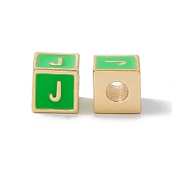 Letter J Стойки покрытие латунь эмаль бисер, без кадмия, без никеля и без свинца, реальный 18 k позолоченный, куб с письмом, зеленый лайм, letter.j, 6x6x6 мм, отверстие : 2.5 мм