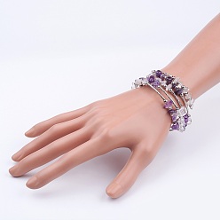 Purple Five Loops Wrap Amethyst Beads Bracelets, with Crystal Chips Beads and Iron Spacer Beads, Purple, 2 inch(52mm)