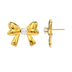 Golden 304 Stainless Steel Stud Earrings, Bowknot, with Rhinestone, Golden, 23x29mm