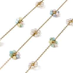 Разноцветный Ручная работа 304 цепочки из нержавеющей стали с бусинами, пайки, с окрашенными бусинами из ракушек и жемчужинами из АБС-пластика и катушкой, ионное покрытие (ip), реальный 18 k позолоченный, красочный, 9.5~10x8~9x3~3.5 мм