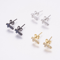 (52) Непрозрачная лаванда Латунные микро проложить серьги стержня кубического циркония, с уха орехов, крестик, разноцветные, 8x5x2 мм , штифт: 1 мм