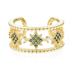 Зеленый Открытое кольцо-манжета со звездой из кубического циркония, настоящие позолоченные украшения из латуни для женщин, без никеля , зелёные, размер США 18 (6 мм)