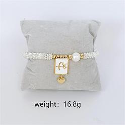 Слово Прямоугольные браслеты с подвесками из латуни в стиле бохо, круглые бусины эластичные браслеты для женщин, с жемчугом и эмалью, золотые, слово, внутренний диаметр: 2-3/8 дюйм (6 см)