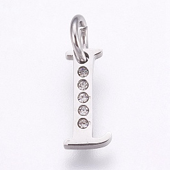 Letter I 304 Edelstahl Anhänger, mit Strass, Buchstabe, letter.i, 12x6x1.5 mm, Bohrung: 4 mm