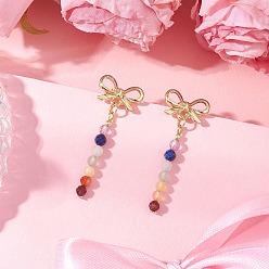 Смешанные камни Серьги-гвоздики с бантом из сплава чакра, с природными смешанных каменных бус, 35x13.5 мм