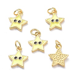 Желтый Настоящие золотые латунные эмалевые брелоки 18 k, с прыжковых колец, долговечный, звезды с глаз, желтые, 13x10.5x2 мм, Перейти кольцо: 5x1 мм, 3 мм внутренним диаметром