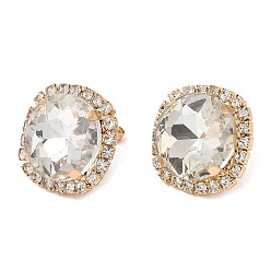 Light Gold Clear Glass Flat Round Stud Earrings, Brass Earrings with 304 Stainless steel Pins, Light Gold, 20x20mm, Pin: 0.8mm