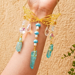 Другие Кварцы Металлические подвесные украшения в виде бабочек, Обернутые натуральные кварцевые и лэмпворк грибные кисточки для украшения дома и улицы, 320 мм