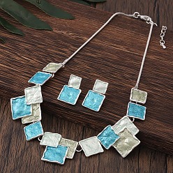 Светло-Голубой Комплекты квадратных ожерелий с подвесками из цинкового сплава и серег-гвоздиков, Небесно-голубой, 420 мм