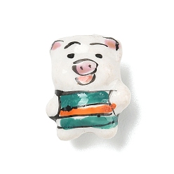 Pig Handmade Porcelain Beads, Animal Theme, Hand Painted, Famille Rose Porcelain, White, Pig, 17.5x14x10mm, Hole: 2mm