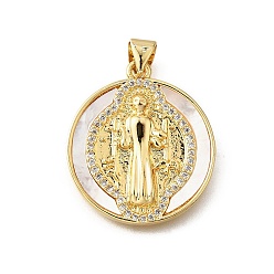 Круглые Подвески в форме ракушек из латуни с микропаве и кубическим цирконием, без кадмия и без свинца, реальный 18 k позолоченный, Святой бенедикт, круглые, 24.5x21.5x3 мм, отверстие : 3.5x5 мм