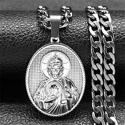 Нержавеющая Сталь Цвет 304 кубинские звенья цепи с подвеской в виде медали Святого Бенедикта из нержавеющей стали для мужчин, цвет нержавеющей стали, 23.62 дюйм (60 см)