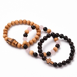 Rose Quartz Stretch Bracelets Sets, with Natural Bodhi Beads, Natural Wooden Beads & Rose Quartz Beads, Inner Diameter: 2-1/4 inch(5.7cm), 3pcs/set