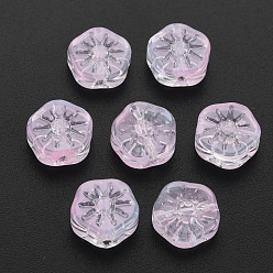 Pink Perles de verre peintes par pulvérisation transparentes deux tons, fleur de prunier fleur, rose, 10x10.5x4mm, Trou: 1.2mm