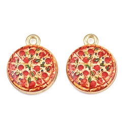 Colorful Printed Alloy Pendants, Flat Round & Pizza Charms, Golden, Rack Plating, Colorful, 18x15x4mm, Hole: 1.8mm