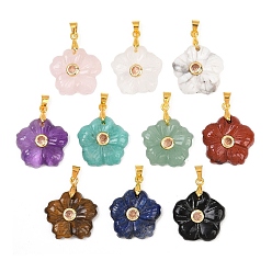 Смешанные камни Резные подвески из натурального смешанного камня, подвески-цветы с латунной микропаве из кубических цирконий, золотые, стойки покрытие, долговечный, смешанные окрашенные и неокрашенные, 20x20x5 мм, отверстие : 5x4 мм