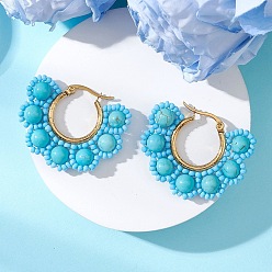 Синтетическая Бирюза Серьги-кольца с цветком из ракушечного жемчуга, синтетической зеленой бирюзы и натурального черного оникса, С 304 результатами из нержавеющей стали, золотые, 29.5x37x6.5 мм