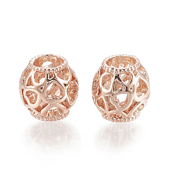 Rose Gold Alloy European Beads, Hollow, Large Hole Beads, Rondelle with Heart, Rose Gold, 11x11mm, Hole: 5mm