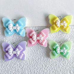 (52) Непрозрачная лаванда Непрозрачные подвески смолы, бантом, с платиновым тоном железная петля, разноцветные, 19.5x25x9 мм, отверстие : 2 мм