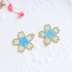 Deep Sky Blue Alloy Enamel Pendants, Golden, Sakura Charm, Deep Sky Blue, 23x22mm