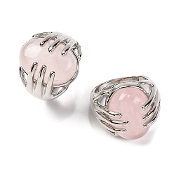 Розовый Кварц Овальное кольцо на палец из натурального розового кварца, регулируемые кольца из сплава платинового тона с покрытием стойки, без кадмия и без свинца, внутренний диаметр: 17 мм