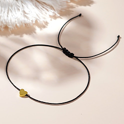 Черный Браслеты из латунных бус в форме сердца, регулируемые браслеты из волоконного шнура для пар друзей, чёрные, внутренний диаметр: 11 дюйм (28 см)