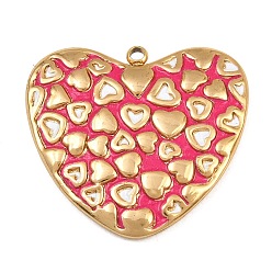 Cerise 304 Stainless Steel Enamel Pendants, Heart Charms, Ion Plating(IP), Real 18K Gold Plated, Cerise, 28.5x29.5x3.5mm, Hole: 1.8mm