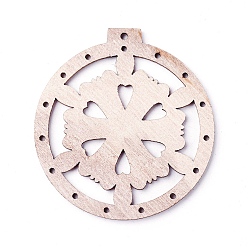 BurlyWood Undyed Wood Big Pendants, Flat Round with Snowflake, BurlyWood, 68.5x64x2.5mm, Hole: 2.5mm