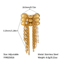 Настоящее золото 18K 304 Женские кольца-манжеты с цепочкой и кисточками из искусственного жемчуга из нержавеющей стали, реальный 18 k позолоченный, 32.5 мм, внутренний диаметр: 18 мм