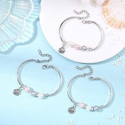 Античный Серебристый & Платиновый Браслеты с подвесками из синтетического немагнитного гематита и жемчуга из раковин, Браслеты из цинкового сплава для женщин, форма раковины и круглая, старинное серебро и платина, 5.91 дюйм (15 см)