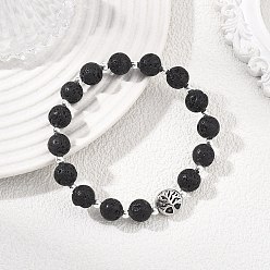 Лавовый камень Натуральная лавовая порода и 304 браслеты из нержавеющей стали и немагнитных синтетических бусин, эластичные, для женщин и мужчин, древо жизни и круг, бусины : 8.5 мм, внутренний диаметр: 2.22 дюйм (5.65 см)