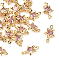 Pink SHEGRACE Brass Pave Cubic Zirconia Star Connector Charms, Cadmium Free & Nickel Free & Lead Free, Long-Lasting Plated, Real 18K Gold Plated, Pink, 11x7x3mm, Hole: 0.9mm & 1mm