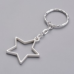 Matte Silver Color Alloy Pendants Keychain, with Iron Key Clasp Findings, Star, Matte Silver, 80mm