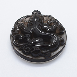 Obsidian Carved Natural Obsidian Pendants, Flat Round, 45x11.5mm, Hole: 1.5mm