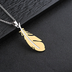 Golden & Stainless Steel Color Two Tone 304 Stainless Steel Feather Pendant Box Chain Necklaces for Men, Golden & Stainless Steel Color, 23.62 inch(60cm)